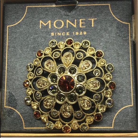 Monet Jewelry - Monet Signed Goldtone Brooch Multi-Colored Stones
